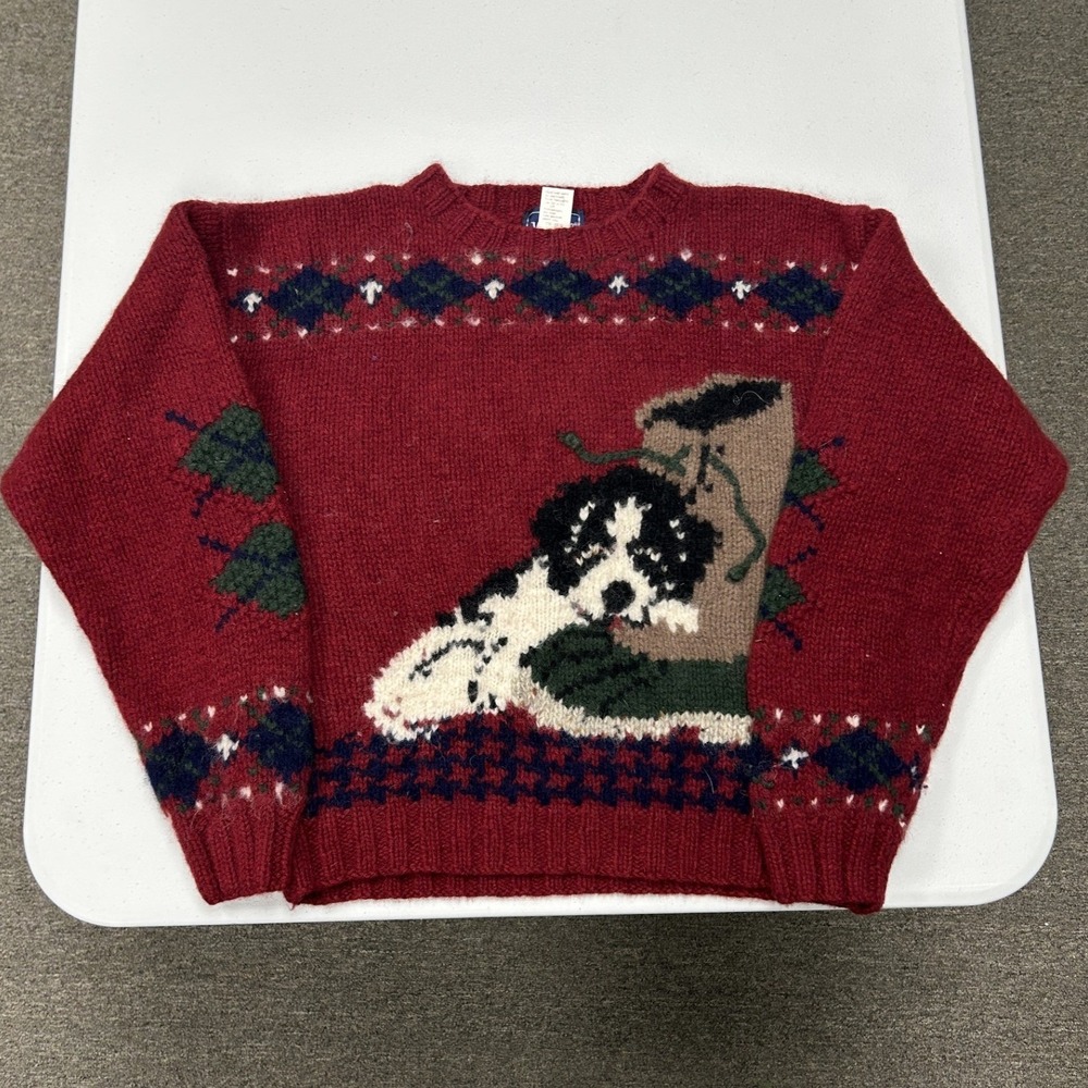 Woolrich Puppy Dog wool Sweater Womens large Red Argyle Intarsia wool B3